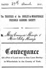 1911 Conveyance - Misses Sharp and Burley in Wharfedale Freehold Gardens Society. 