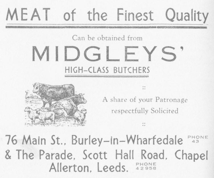 1936 Midgleys' Butchers Advert from Burley in Wharfedale Sports Club Cookery Recipes Booklet. 
