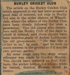 Burley Cricket Club undated article accompanying Arthur Lofthouse groundsman image.