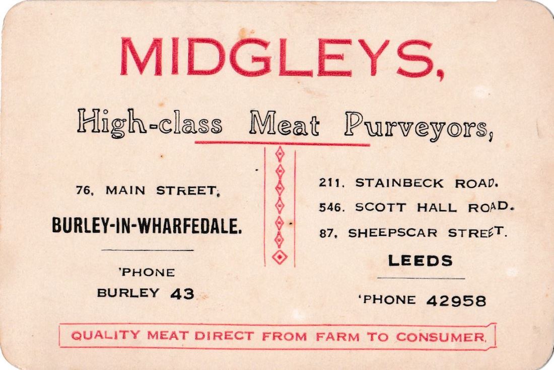 Midgleys Butchers Business Card. 76 Main Street, Burley in Wharfedale.