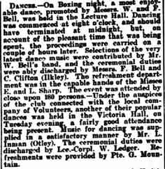 Dance in the Lecture Hall with refreshments provided by E and L Sharp - cutting 29th Dec 1905 WAO.